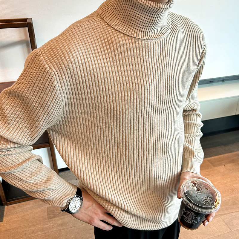 Men's Stylish High-Neck Sweater With Striped Inner Lining, Perfect For Layering In Autumn, Featuring Trendy, High-End Design, Elastic Fabric, A