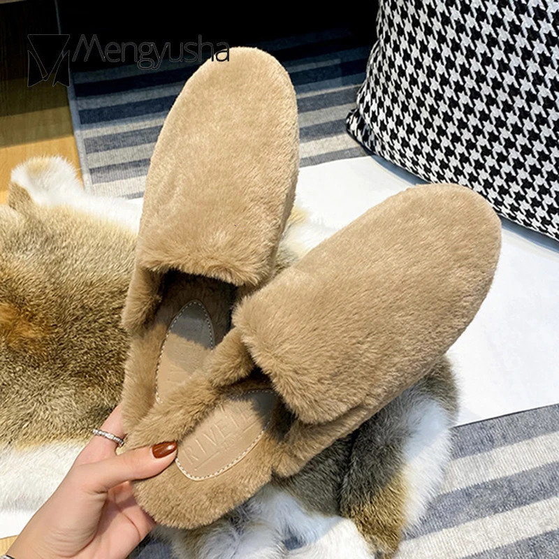 34-44 Plus Size warm fur lazy slides femme shearling mules winter shoes woman plush cover toe fur slippers women furry pantuflas 261016