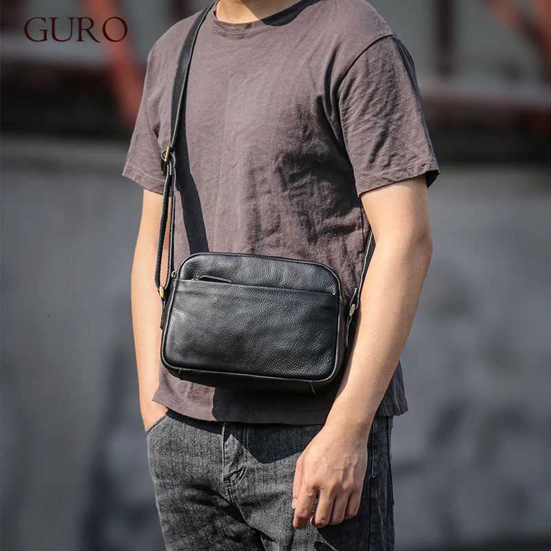 Cross Body GURO Men's Genuine Leather Shoulder Bag Natural Cowhide Crossbody Casual Small Satchel Mobile Phone Bag For 7.9 Inch IPad H261016