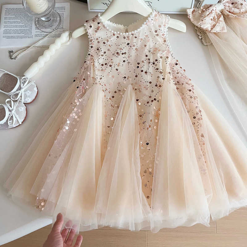 New Summer Baby Girl Pearl Mesh Sleeveless Dress Children Girl Lace And Pearl Ornament Fashion Vest Style Princess Dress 2-8 Yrs S261016JCJR