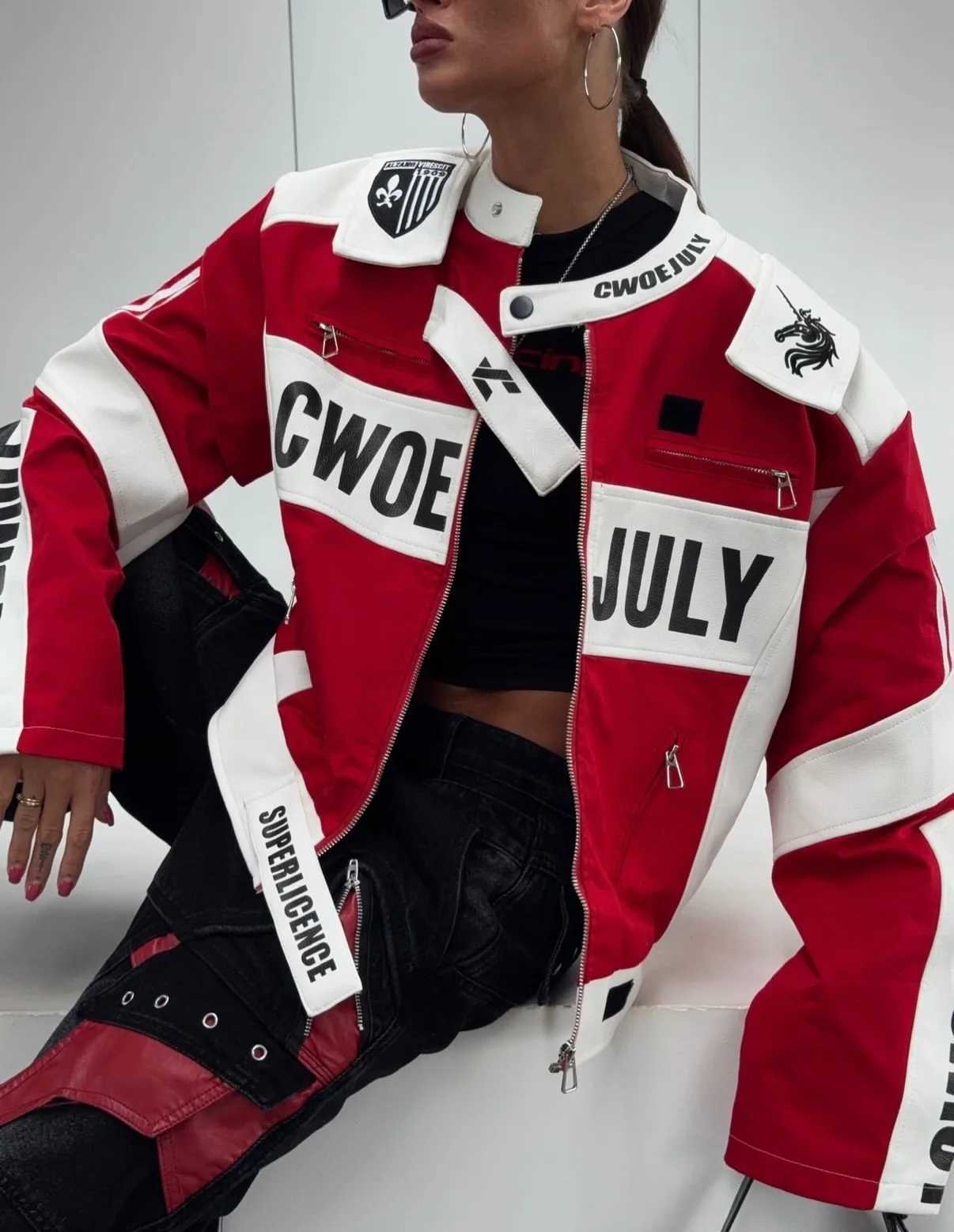 Jackets New Women Cropped Men's Racing Jacket Red White Color Block Letter Print Zip Up Streetwear Moto Coat Women Hip Hop Daily Street Outfit