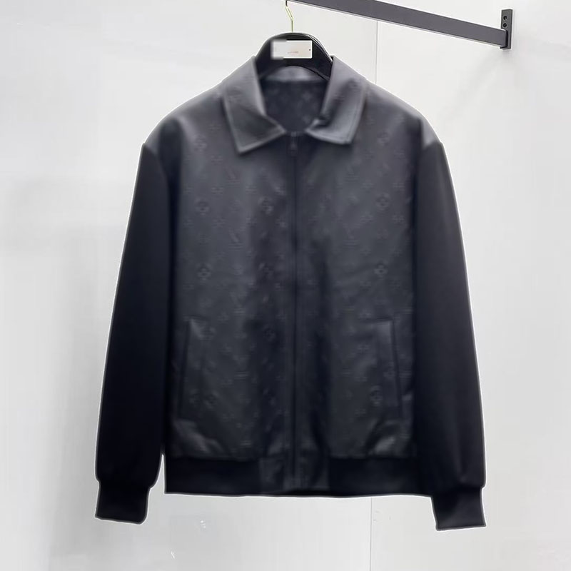 Classic black leather bomber jacket for men by designer, with embossed print all over, perfect for casual streetwear, high-quality men's coat