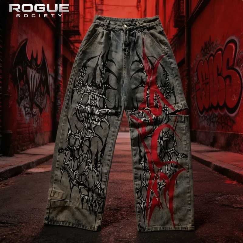 Men's Jeans Summer New Y2K Gothic Print Denim Pants Men Vintage Washed Ripped Baggy Straight Trousers Hip Hop Streetwear Grunge Jeans UnisexT26