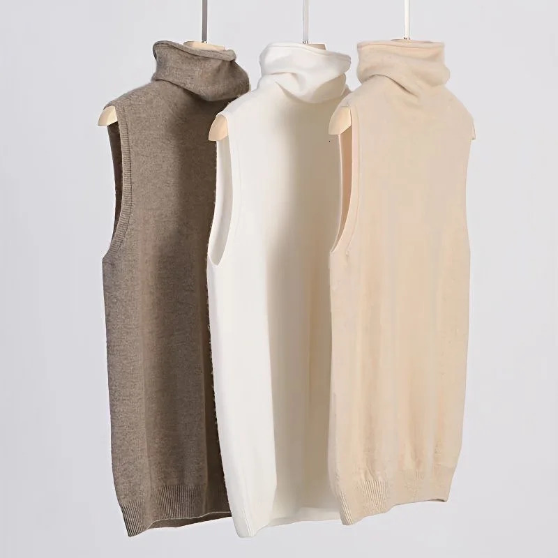 Women 100 Merino Wool Sleeveless Pullovers Turtleneck Sweater Waistcoat Knitwear SpringAutumnWinter Fashion Vest Tops 261008