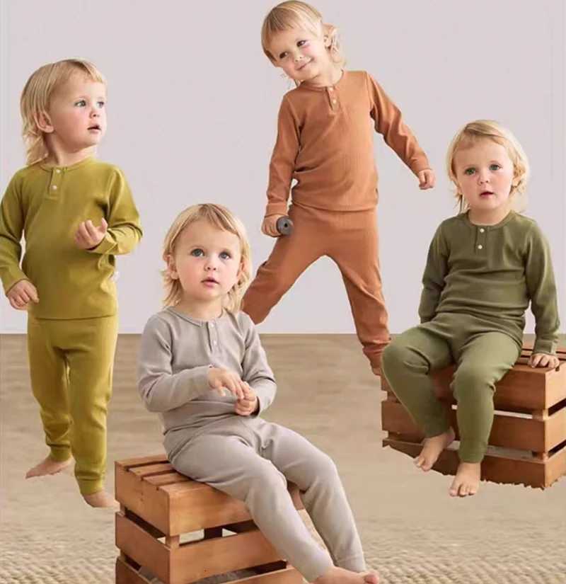 Pajamas Kids Boy Girl Pajamas Suit Cotton Solid Color Long Sle Top + Leggings Toddler Baby Hewear ClothesW261019