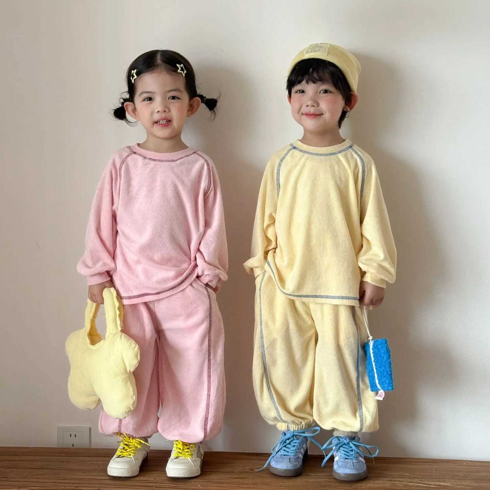 Pajamas 2026 Autumn New Children He Clothes Set Cotton Boys Girls Long Sle Cfortable Pajamas 2pcs Suit Solid Casual Kids OutfitsW261019