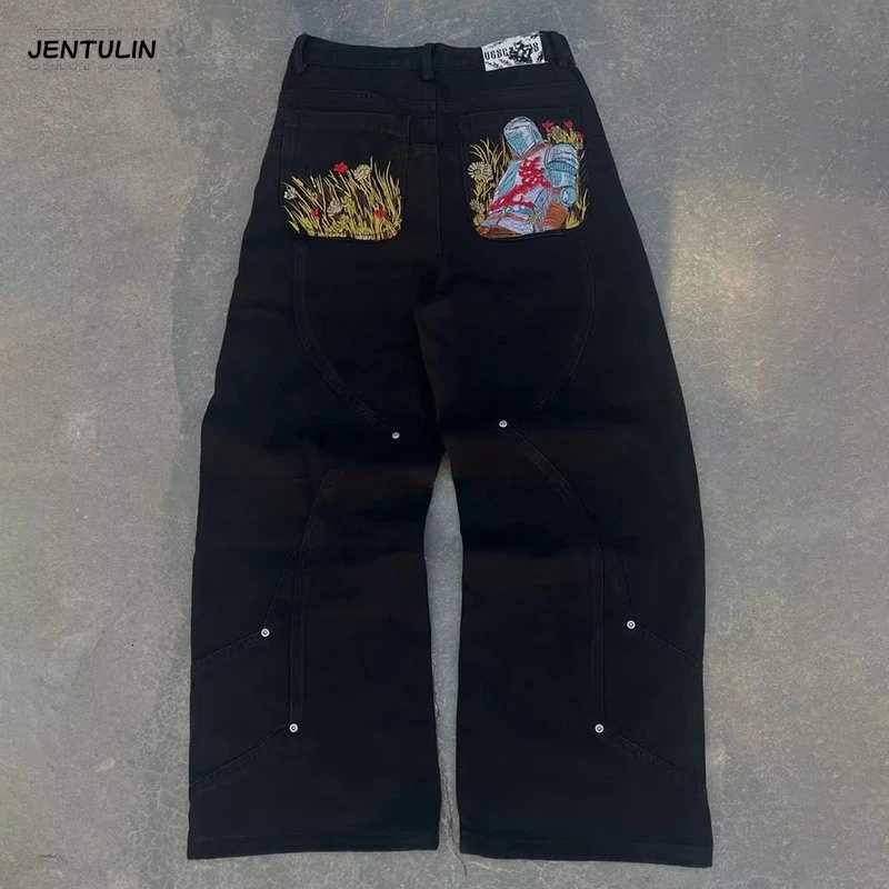 Men's Jeans American Fashion 2000s Y2k Artistic Embroidered Men Jeans Women Retro High Street Hip Hop Oversized Wide-leg Pants Unisex JeansT261