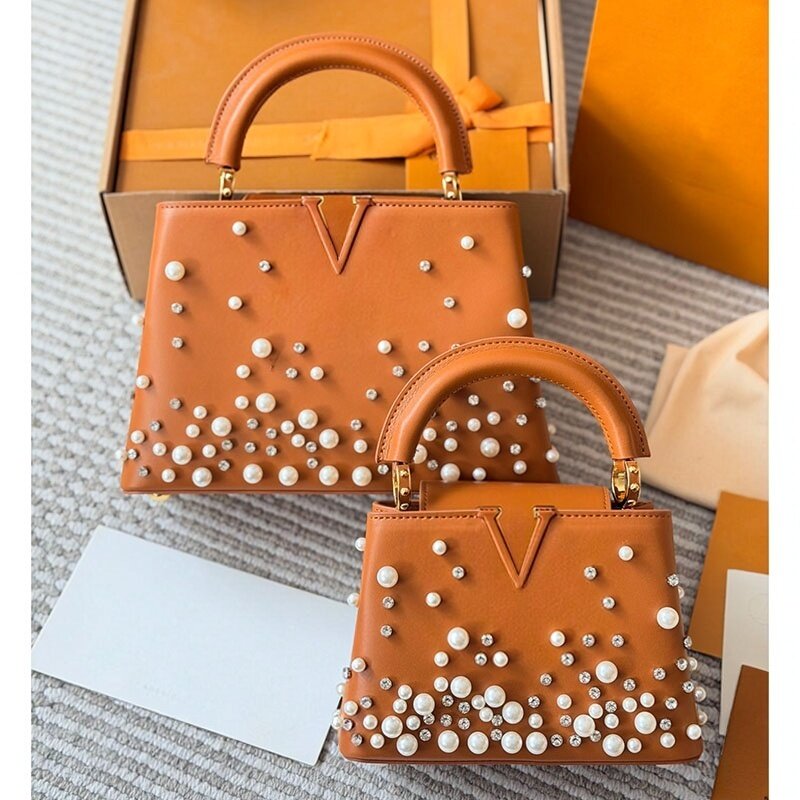 Pearl rhinestone inlay decoration Designer Womens Leather Tote Bag Can Removable Leather Strap Crossbody Purse With Gold hardware Shoulder Bag 20/28
