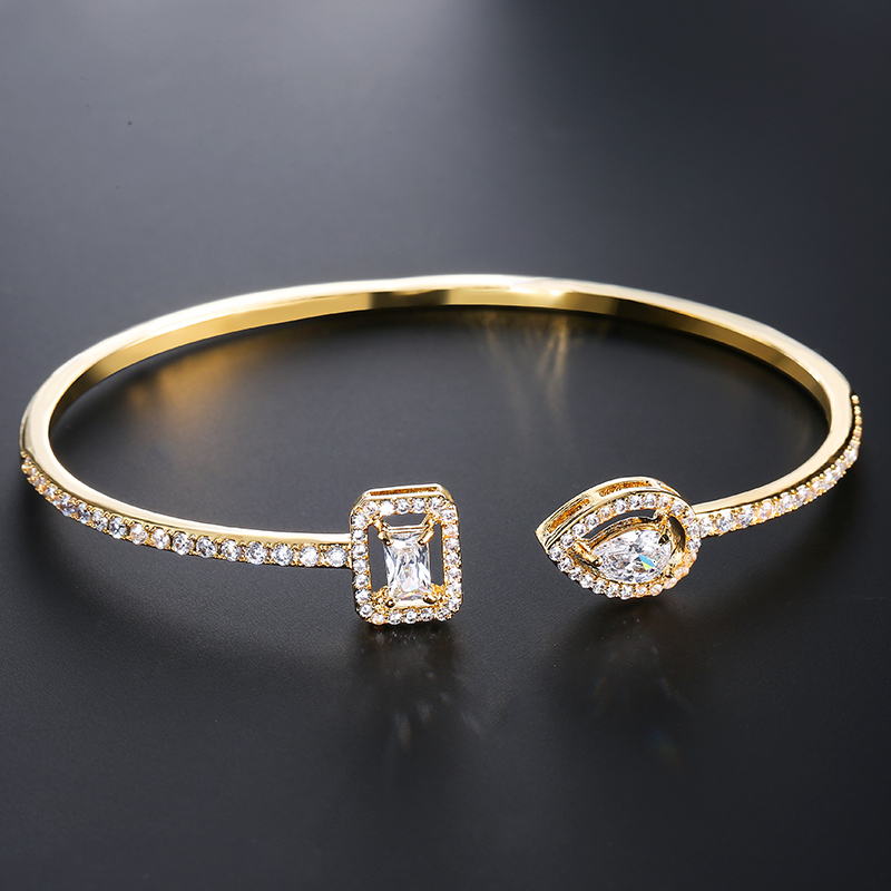 Luxury Geometry Gold Color Cuff Bangles For Women Design Fashion Cubic Zirconia Bracelets INS Party Everyday Jewlery