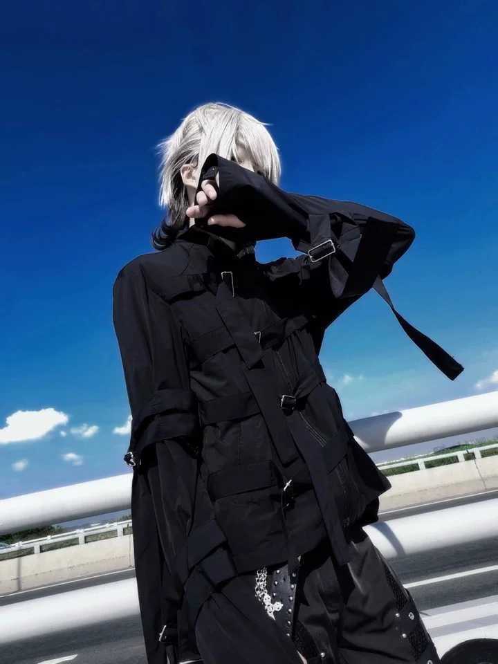 Jackets Women White Straps Men's Buckle Zip Up Jacket High Neck Long Sleeve Gothic Punk Bandage Strap Ribbon Y2K Streetwear Slim Fit Coat N2610