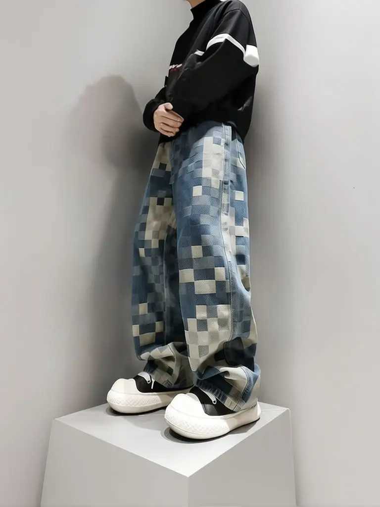 Men's Jeans Y2k Streetwear Plaid Baggy Jeans Men Straight Wide Leg Loose Pants Fashion Hip Hop Washed Vintage Denim Pants TrousersT261016