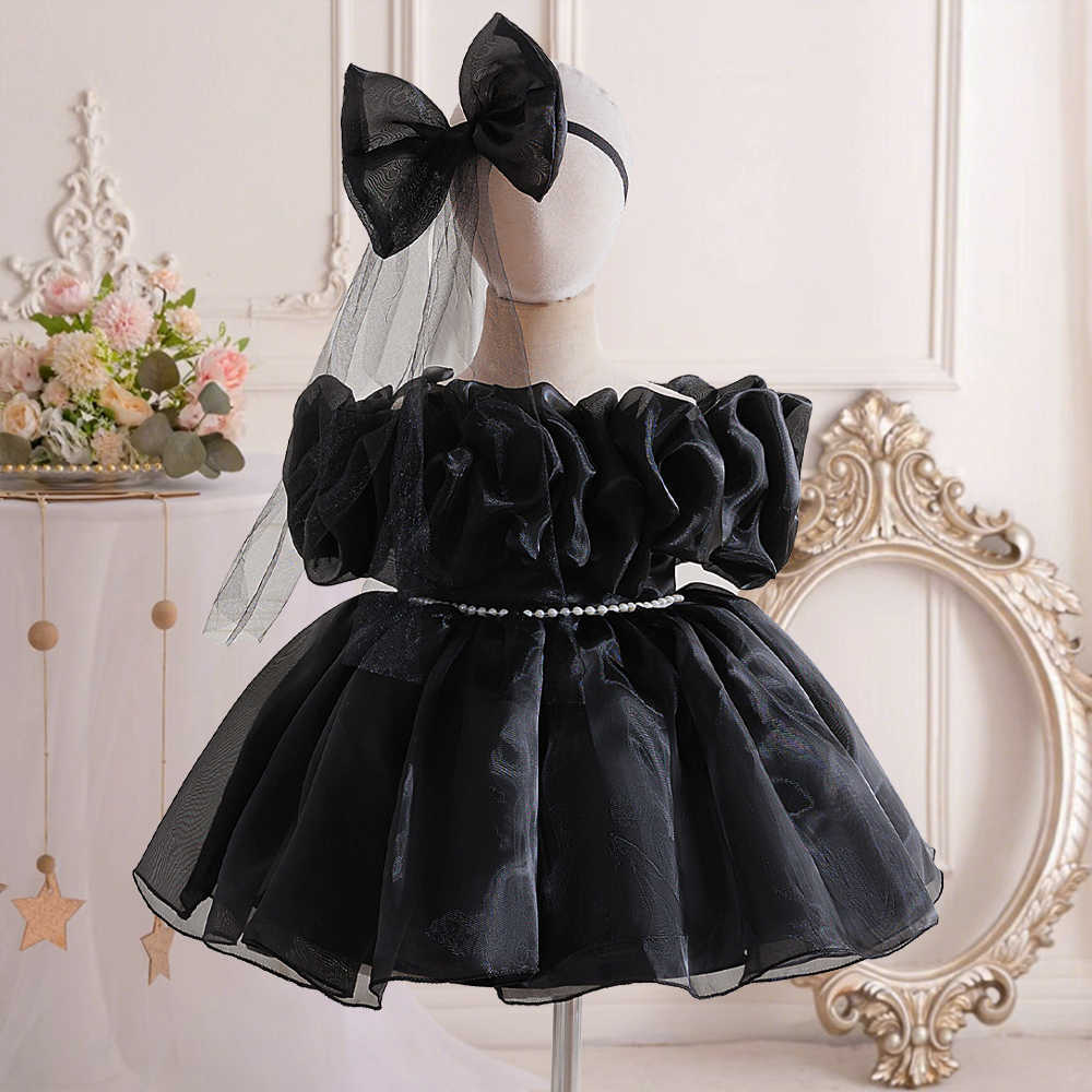 Bow Infant Princess Party Baby Girls Dress 2pcs Elegant Black 1st Birthday Wedding Flower Dresses Girl Bridesmaid Evening Clothe S261016T6HA