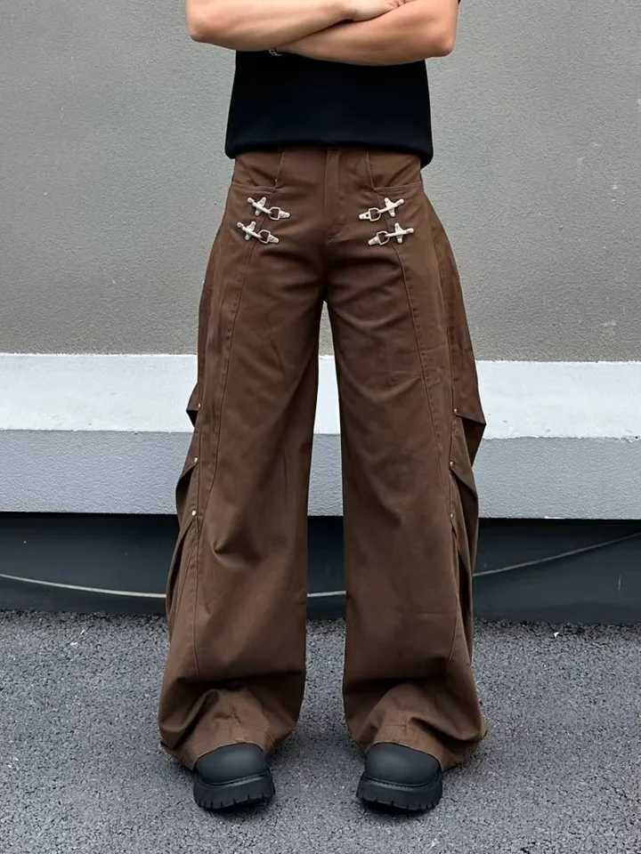 Men's Jeans 2026 Ropa Y2K Grunge Airplane Buckle Design Black Baggy Jeans Pants For Men Clothing Wide Leg Streetwear Pleated Long TrousersT2610