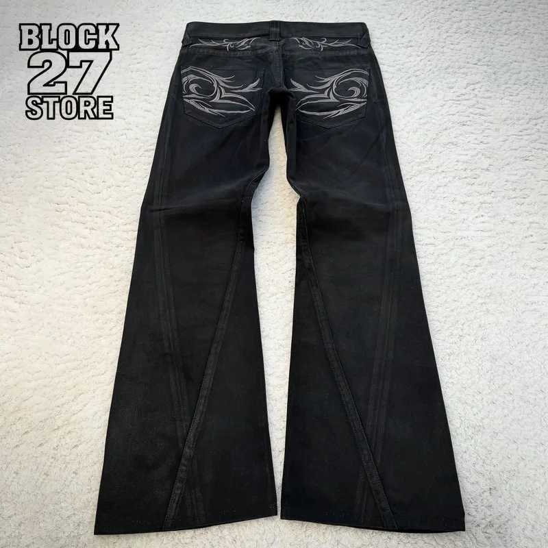 Men's Jeans Mens Jeans Harajuku Y2K Streetwear Tribal Flame Embroidery Black Denim Pants High Waist Flared Wide Leg Casual Fashion Trend NewT26