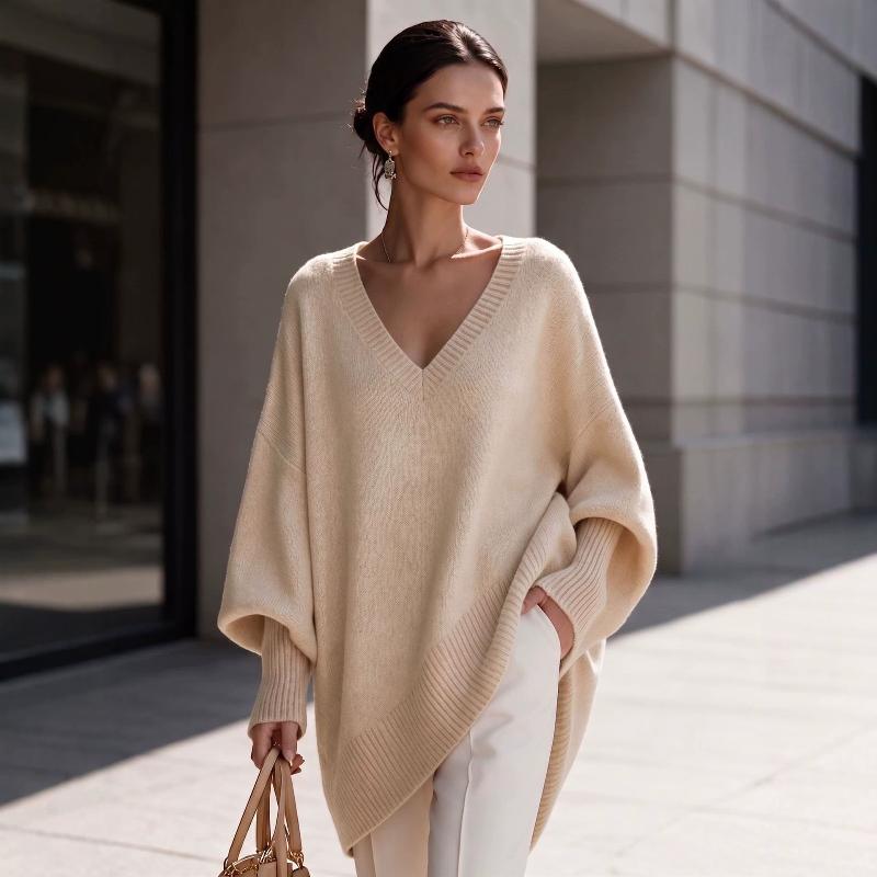 Designer Women's Long Sleeve V Neck Loose Knit Sweater Solid Color Oversized Pullover Top Casual Daily Jumper