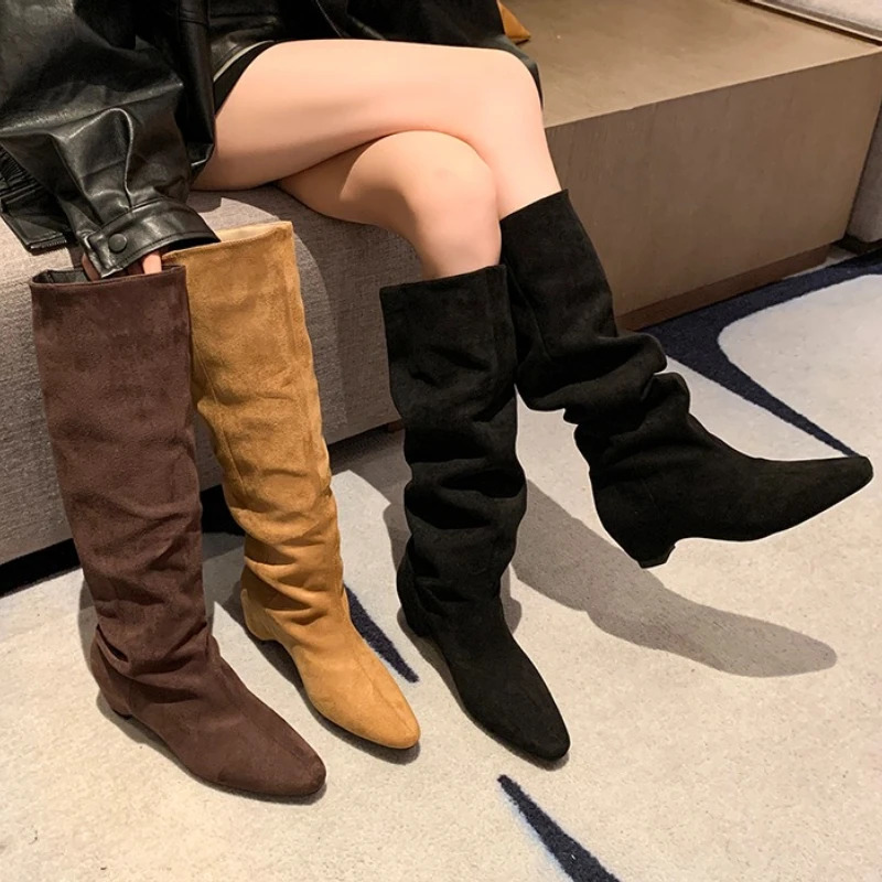 Women Faux Suede Knee High Boots Pointed Toe Pleated Slim Fit Boots Ladies Elegant Autumn Winter Party Mordern Botas Mujer 261016