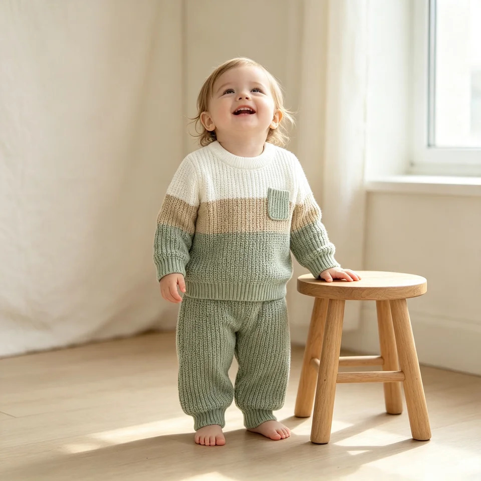 0-3Yrs Baby Boys Knitted Clothes Sets Cotton Long Sleeve Sweater Tops Pants 2Pcs Warm Fall Toddler Kids Girls Patchwork Outfits 261015