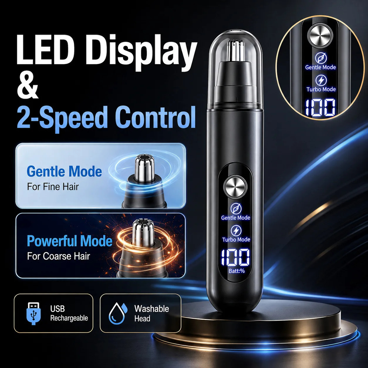 Digital Display Electric Nose Hair Trimmer Dual Speed Mode Type-C Rechargeable Painless Ear Eyebrow Hair Remover for Men Women 261016