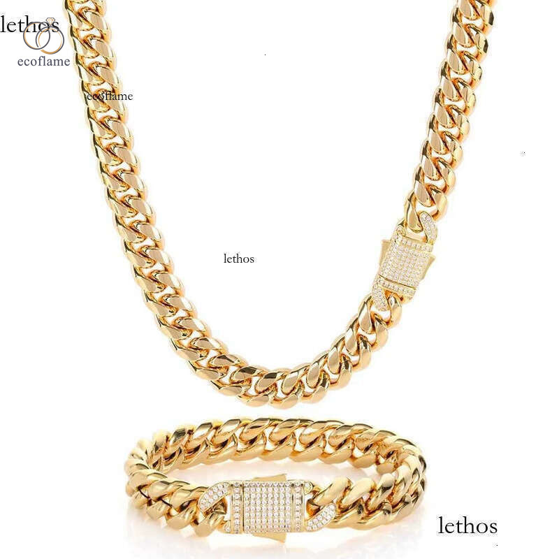 10/12MM Titanium Steel Plated Gold Miami Cuban Link Chain Mens Necklace Inlaid CZ Dia In Spring Buckle Personalized chains Hip Hop Designer Jewelry