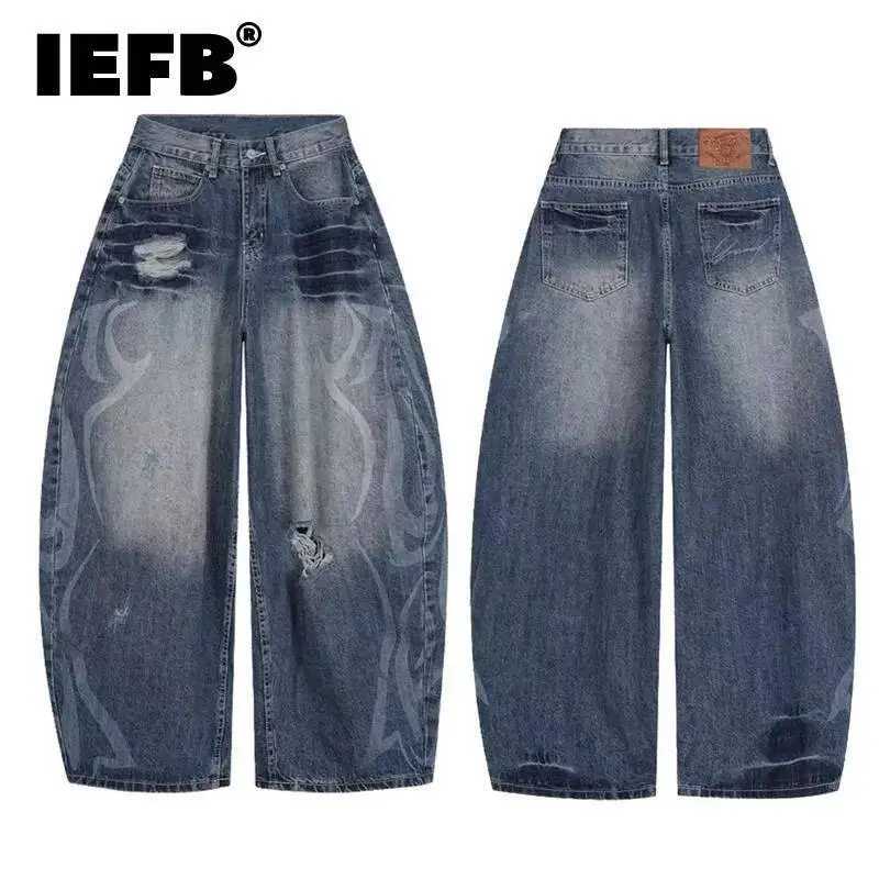Men's Jeans IEFB American High Street Vibe Patterned Washed Ripped Curved Cut Men's Jeans Loose Wide Leg Casual Denim Long Pants 9X3145T26