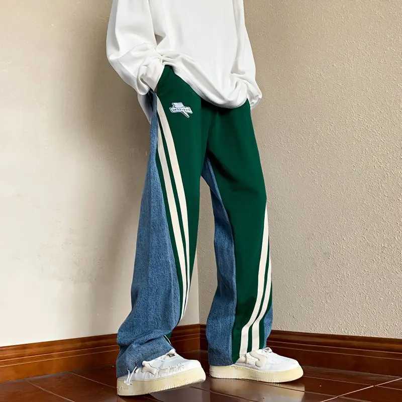Men's Jeans American Trend Hiphop High Street Loose Jeans Men's Patchwork Stripes Elastic Waist Drawstring Pockets Straight Casual Trouser