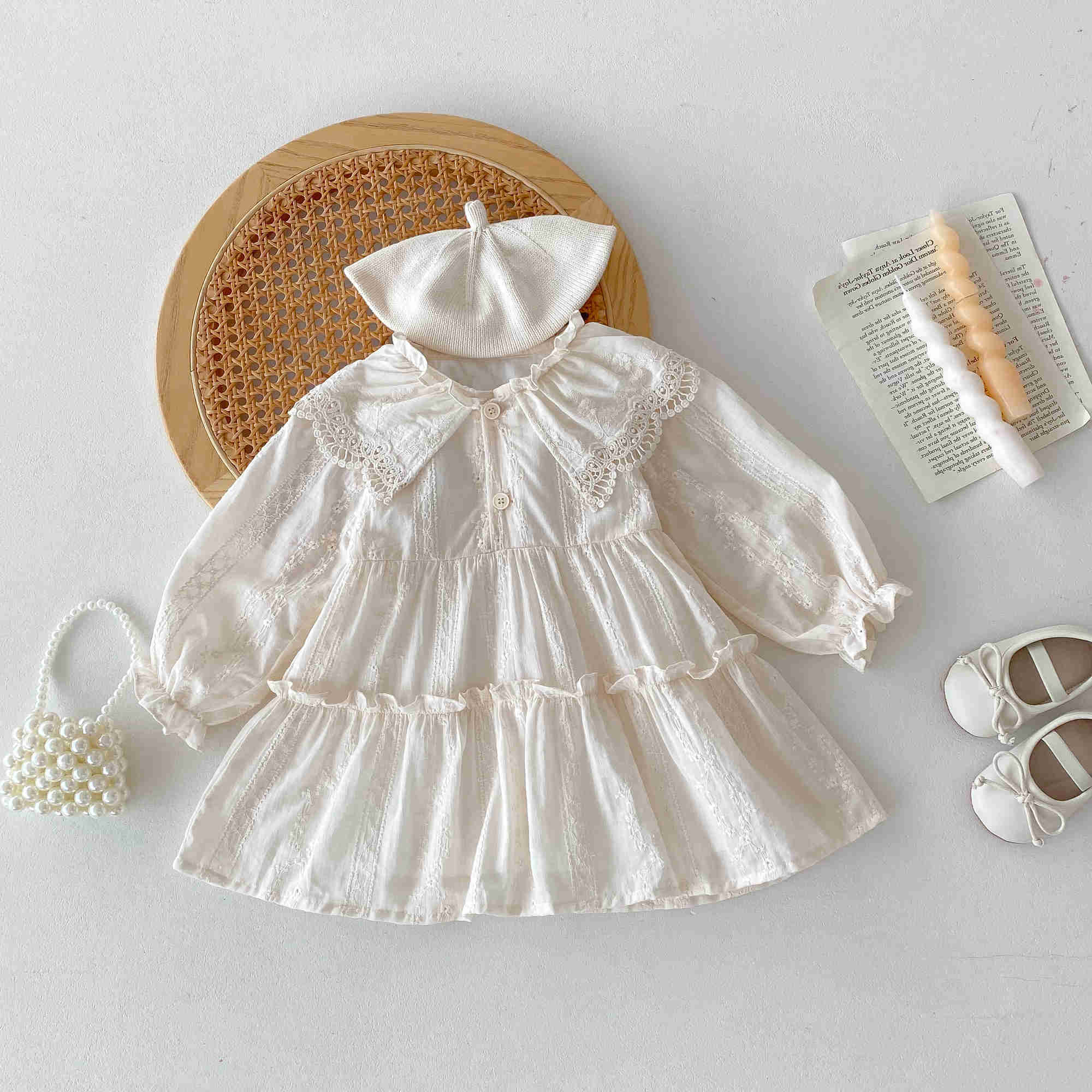 Princess-Style Casual Cotton Dress for Girls with Large Neckline and Long Sleeves - for Spring and Fall Birthday Parties S261016U375