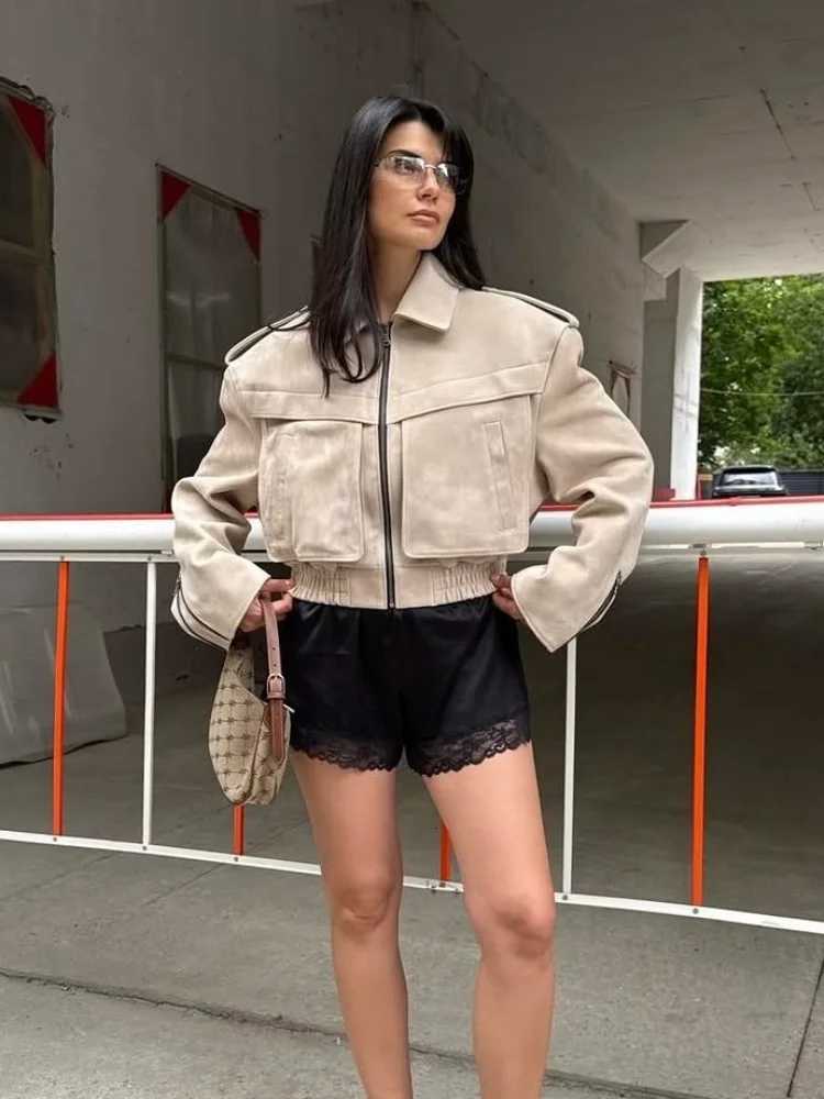 Jackets Solid Faux Suede Men's Cropped Moto Jacket Lapel Zipper Oversized Shoulder Biker Coat Women's Vintage Streetwear Outerwear 2026 Ne