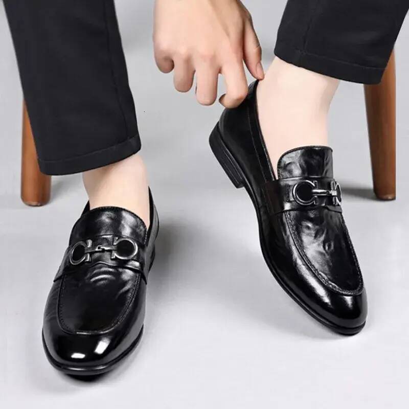Men Dress Shoes Men's Black Leather Loafers With Metal Horsebit business Buckle Slip On Formal Dress Shoes For Business Formal
