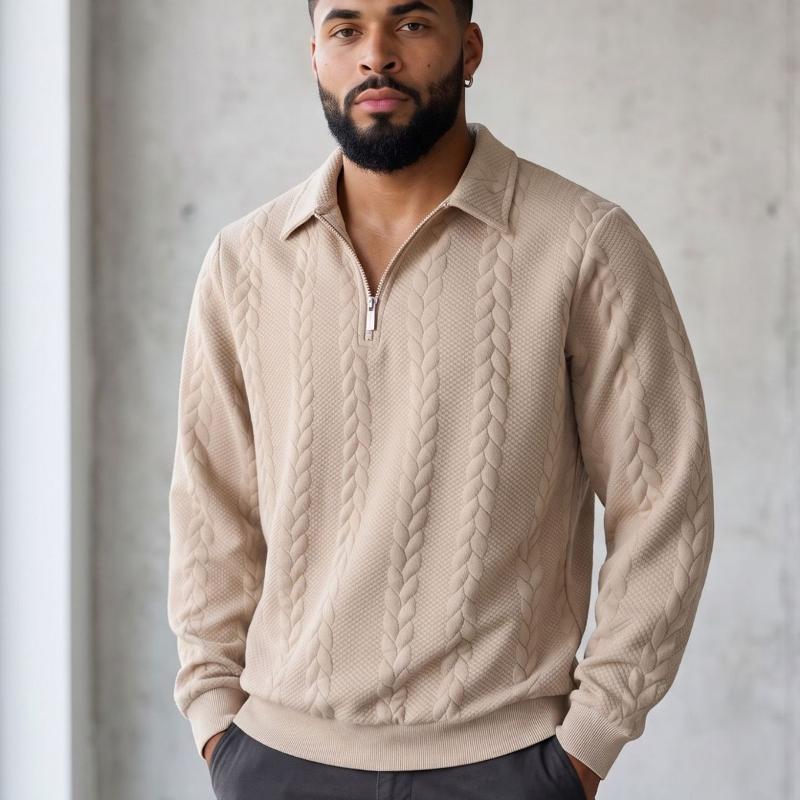 Mens Long Sleeve Polo Style Sweatshirt Cable Jacquard Embossed Texture Quarter Zip Neck Design Loose Fit Fashion Casual Pullover Top