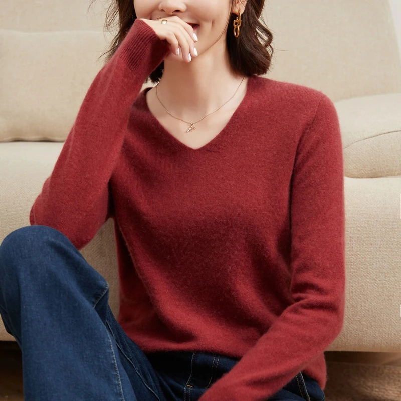 Women's 100 Cashmere Sweater Vneck Long Sleeve Pullover SpringAutumn Female Knitwear Tops Basic Clothing 261008