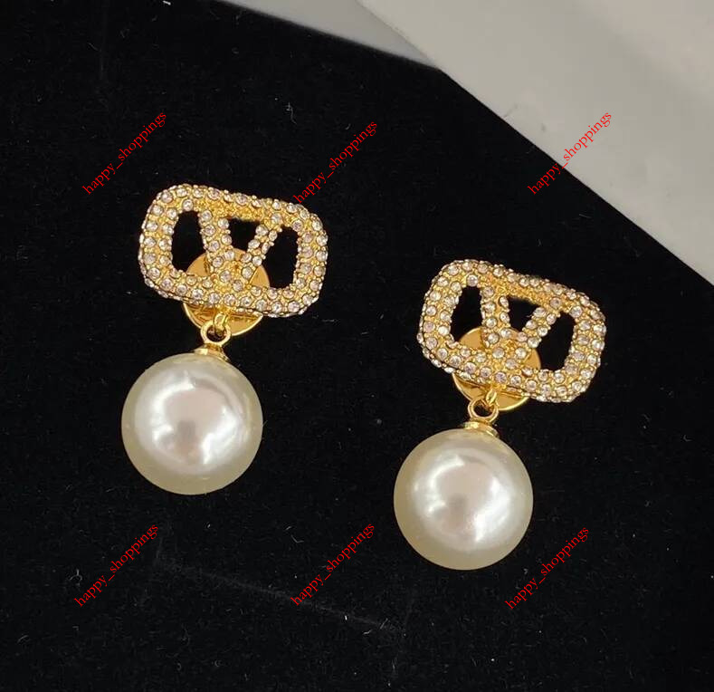 Designer Pearl Fashion Diamond Letter Stud Earring Gold Plated Dangle Eardrop Earrings for Women High Quality Party Wedding Jewelry Gift