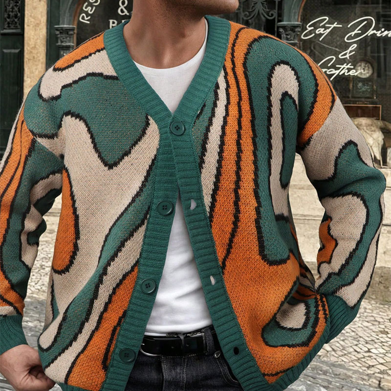 Trendy men's clothing color-blocked jacquard sweater 2026 new style loose casual long-sleeve knitted cardigan