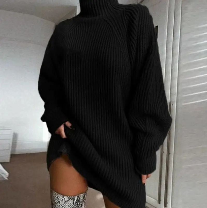 Women's Autumn Winter Knit Sweater Dress MidLength Half Turtleneck Raglan Sleeve Loose Pullover 260928