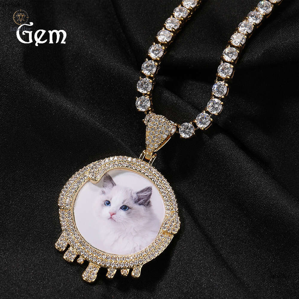Hip Hop Gold Round Water Drop Inlaid Diamond Frame Necklace Light Luxury Niche DIY Couple Photo Pendant Jewelry Wholesale 3