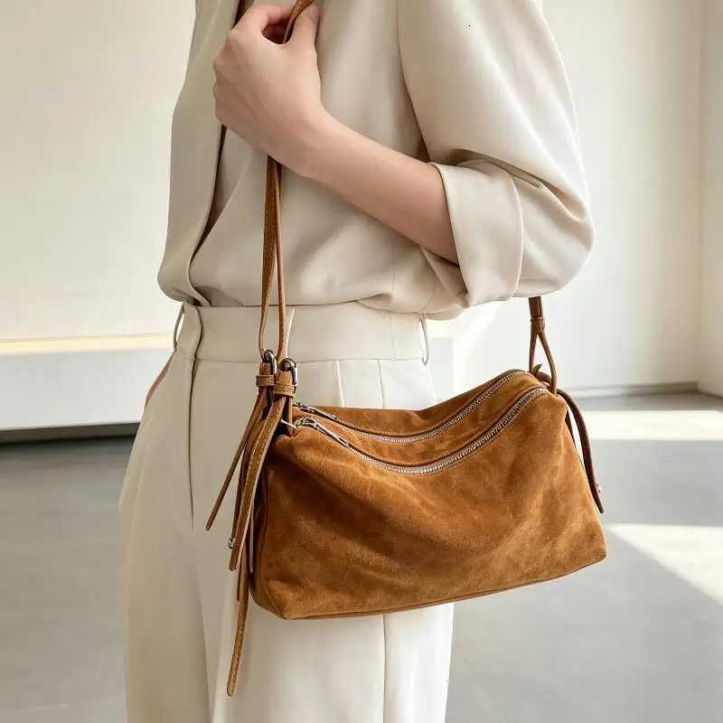 Cross Body Women's Designer Genuine Suede Cowhide Hobo Shoulder Bag Double Zipper Real Leather Soft Crossbody Purse Ladies Bag H261016