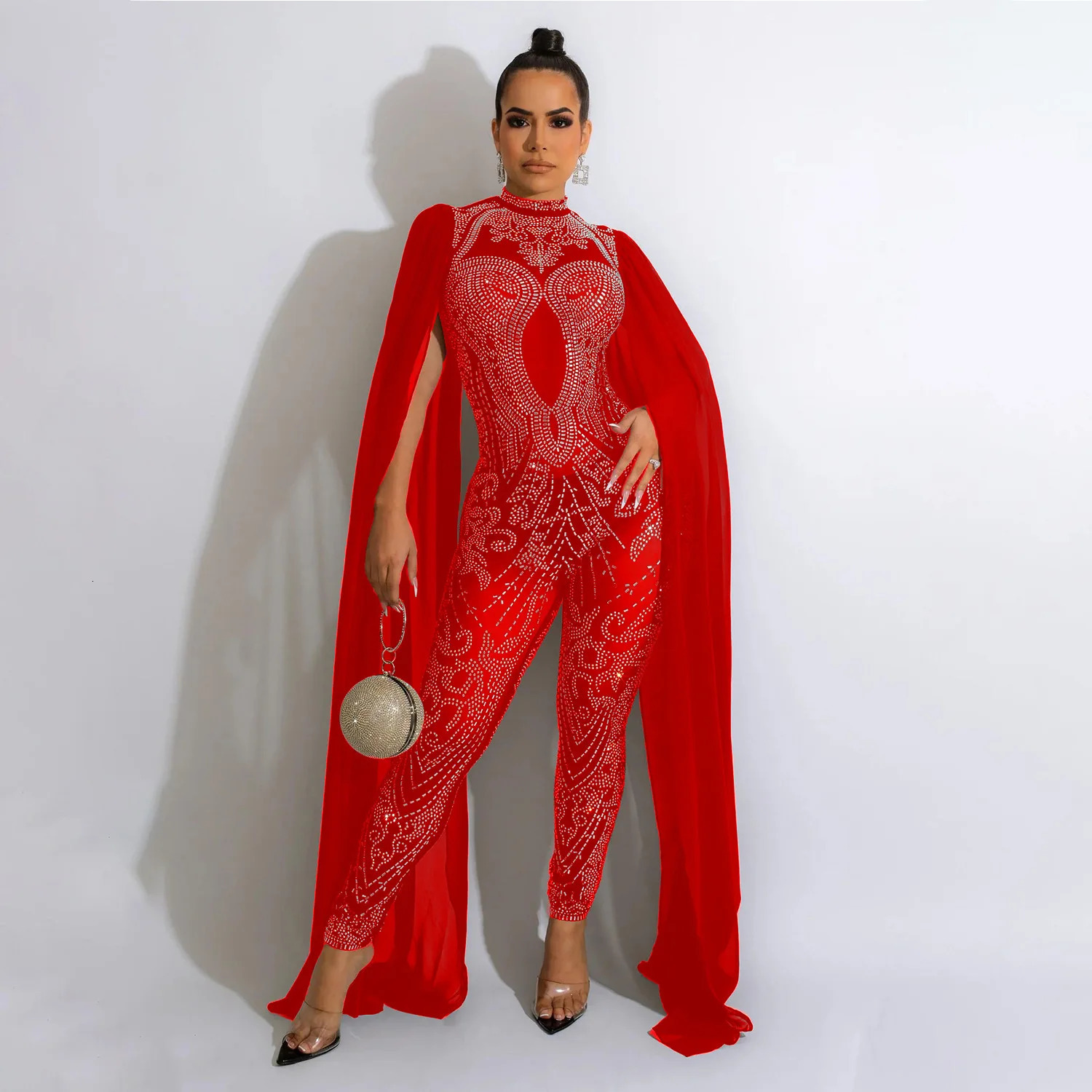 HBLL Shawl Sleeve Mesh Crystal Jumpsuit Women's y Transparent Sequins Party Birthday Set Prom Dresses 261015