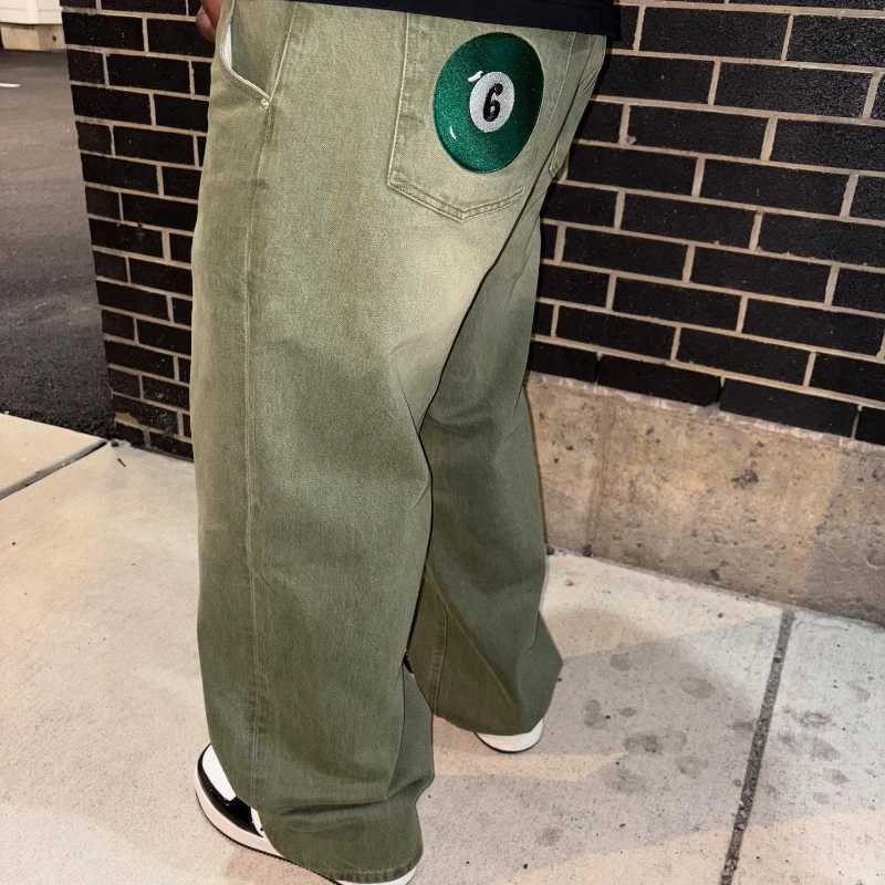 Men's Jeans Baggy Jeans Y2K Street Matcha Denim Jeans Pocket Green 6 Ball Embroidery Denim Pants London High Street Trend Streetwear UnisexT261