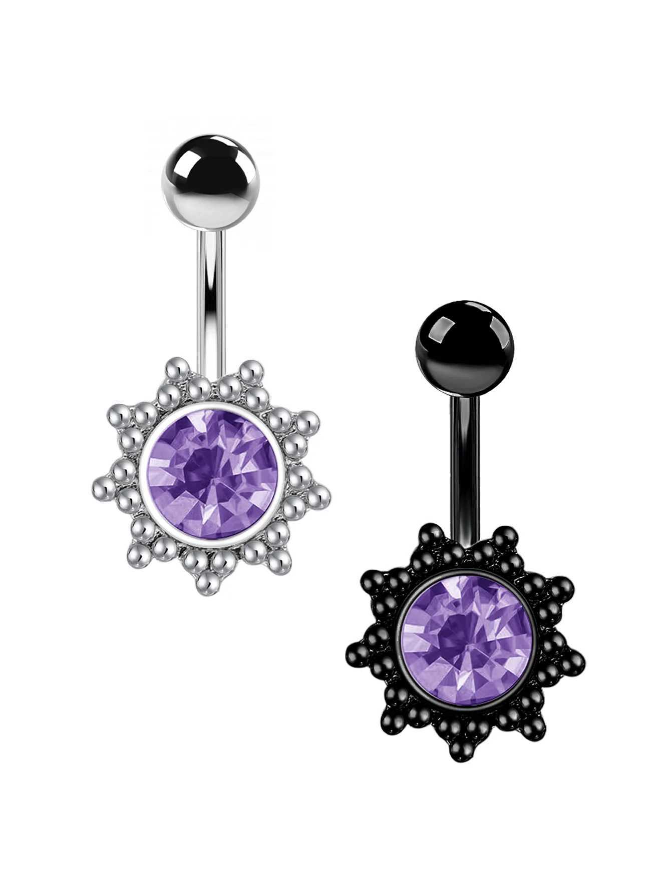 Purple Crystal Sunflower Navel Belly Button Ring Stainless Steel Belly Button Stud Tummy Umbilical Belly Piercing Ring Jewelry Q261016