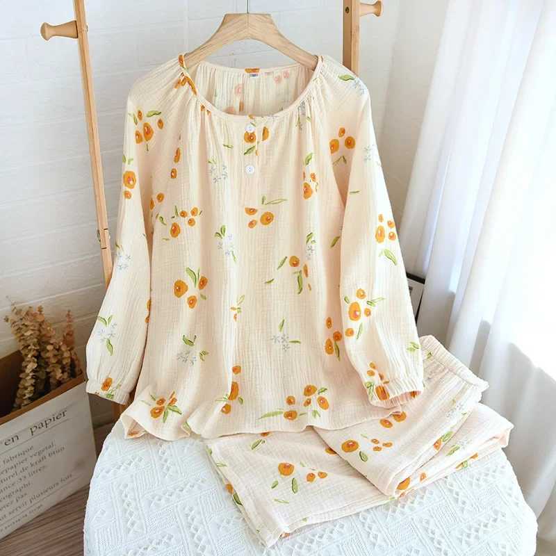 Pajamas 2026 New Spring And Autumn Wen's Pajama Set 100%Cotton Crepe Plover Long Sle Pants Two Piece Loose Floral He FurnishingW261019