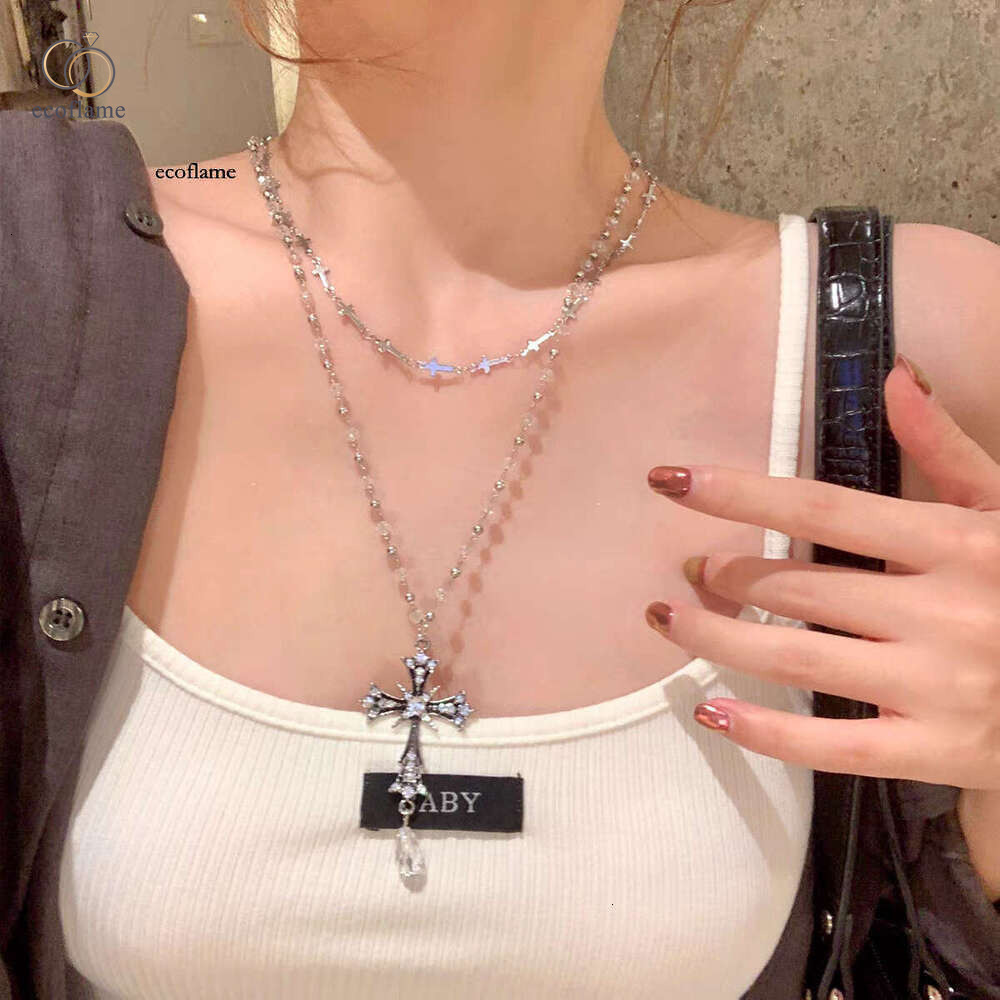 Sweet Cool Y2K Hot Girl Style silver Cross Beaded Necklace for Women Long Neck Accessories Double Layer Stacked Sweater Chain