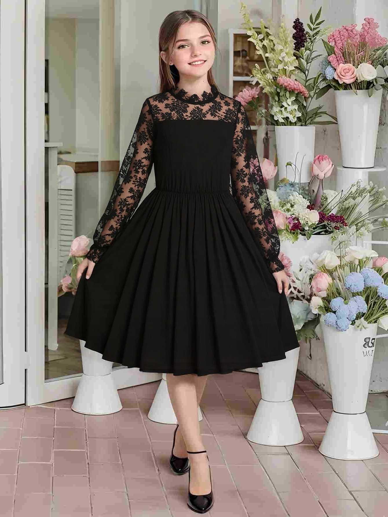 Elegant Girls Velvet Le-Trimmed Long Sleeve Dress Blk Outdoor Autumn Winter Scene Suitable for Parties And Vations S261016XIPX