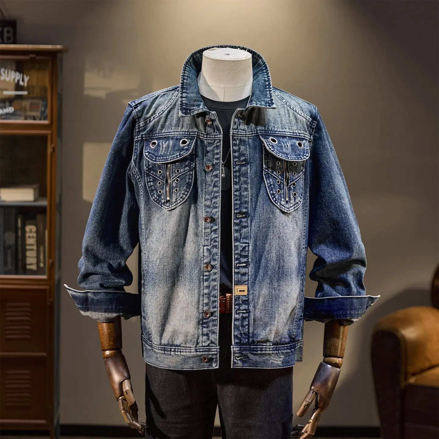 Americanstyle biker men's denim jacket European and American casual vintage oversized standcollar riding motorcycle 261012