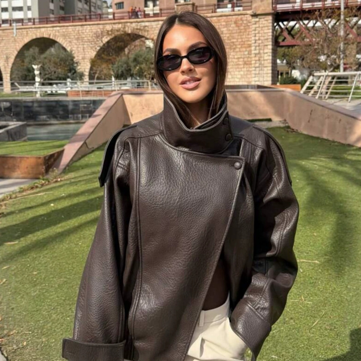Hot selling European and American style women's clothing,vintage temperament lychee pattern long-sleeve pu leather jacket 2415