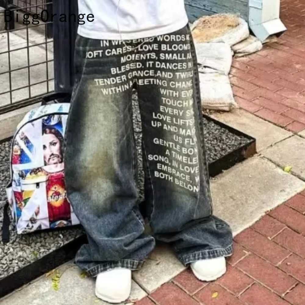 Men's Jeans 2025 American Fashion Jeans Letter Printing Pattern High Street Casual Wide Legs Y2K Men's Retro Gothic Trendy Casual PantsT26