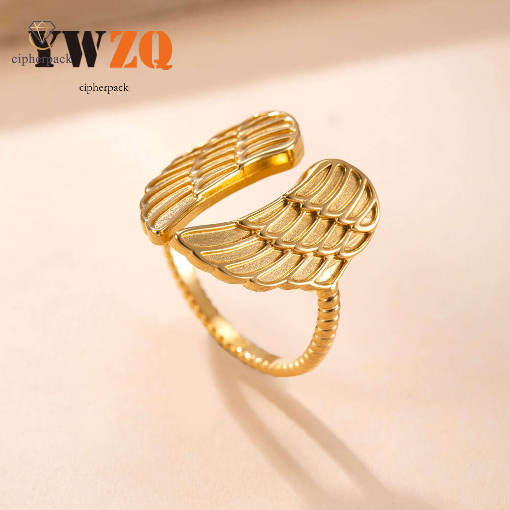 New Sterling Silver 14K 18K Gold jewelry vintage vacuum-plated 18k gold ring cast winged open titanium steel ring