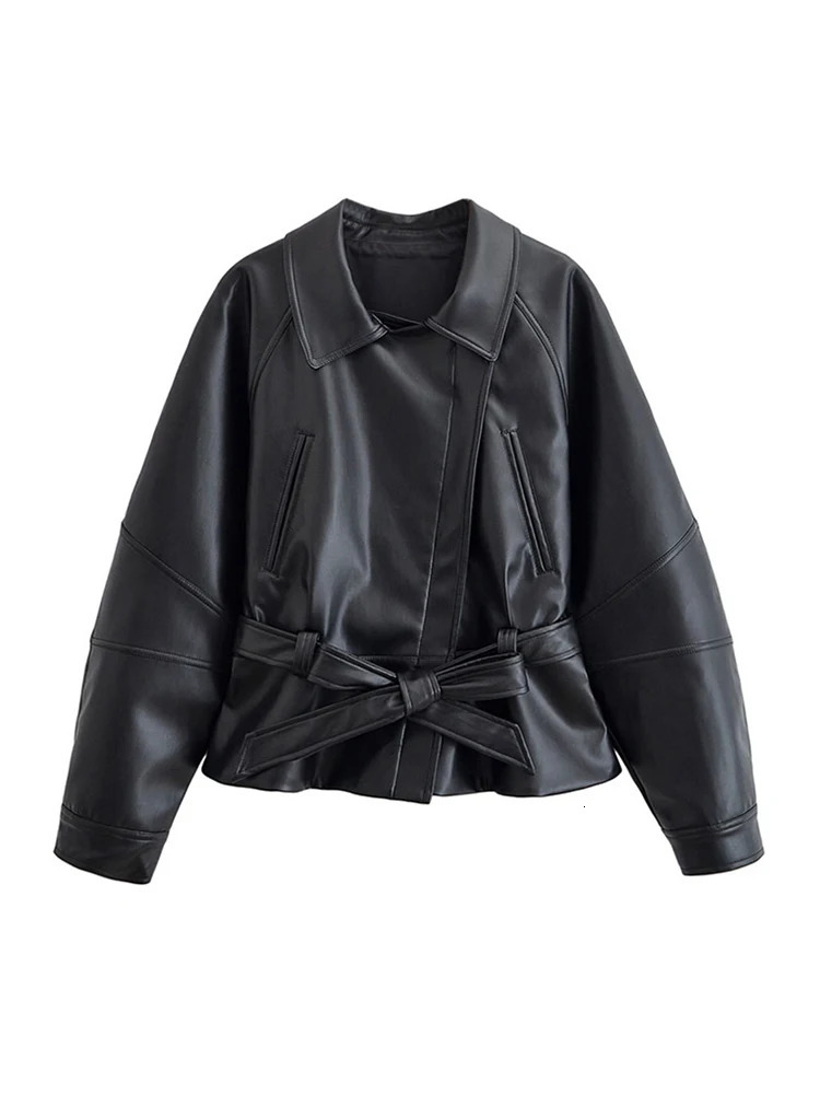 2026 Autumn Women Lapel PU Jacket Casual Long Sleeve Lace Up Lady Coats Fashion Female Outerwear with Belt High Street 261016