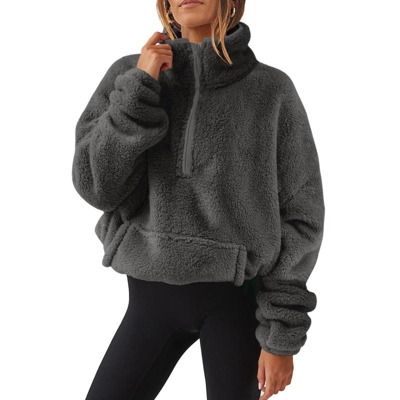 Sweat-shirt polaire à col montant et demi-fermeture éclair pour femme, épais et chaud, pull décontracté avec poches, ourlet à cordon de serrage,