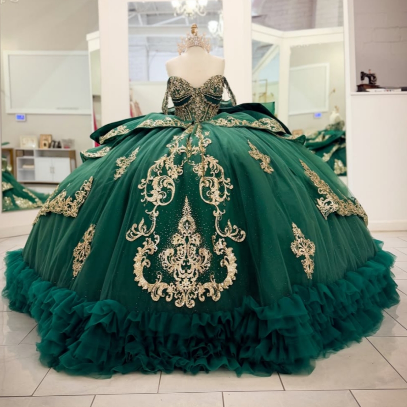 Dark Green Glitter Quinceanera Dresses Off Shoulder Ball Gown Sweet 16 Dress Applique Lace Beads Bow Tiered Tull Party Birthday vestidos 15 anos