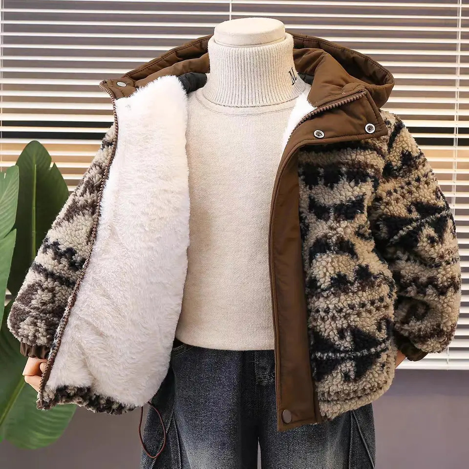 2026 Kids Winter Warm Fleece Lined Thickened Coat Unisex Children Fluffy Padded Jacket Baby Outerwear Fashion Streetwear 261016