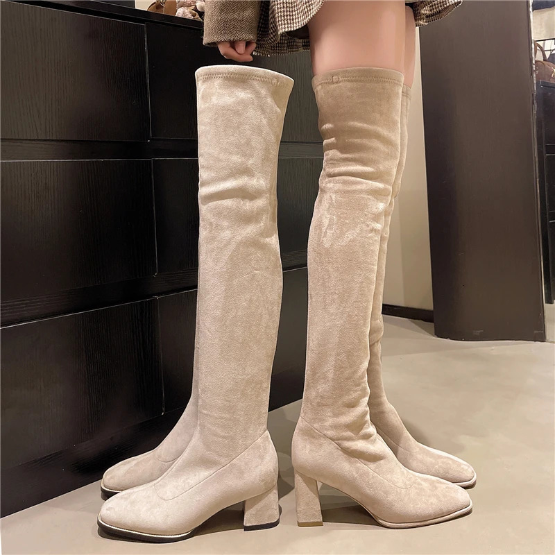 Women's Stretch Suede Over The Knee Boots Chunky Block Heel Slim Fit Elastic Autumn Winter Thigh High Stretchy Tall Boots Shoes 261016